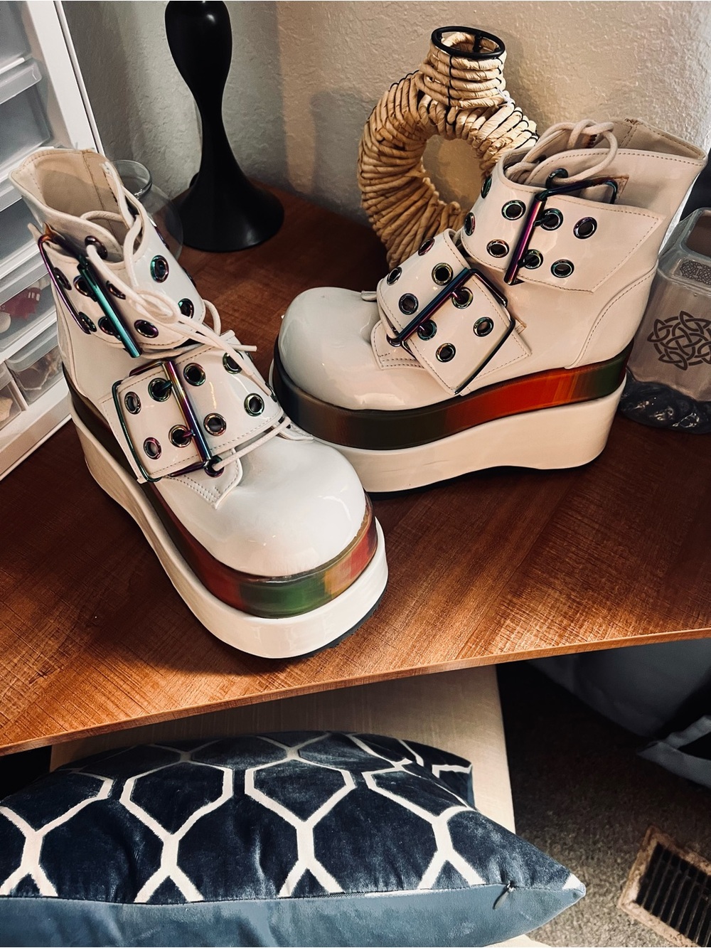 Demonia White Patent Platform Ankle Boots with Iridescent Trim